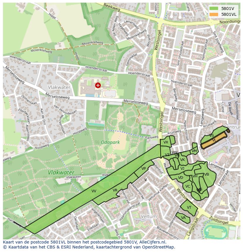 Afbeelding van het postcodegebied 5801 VL op de kaart.