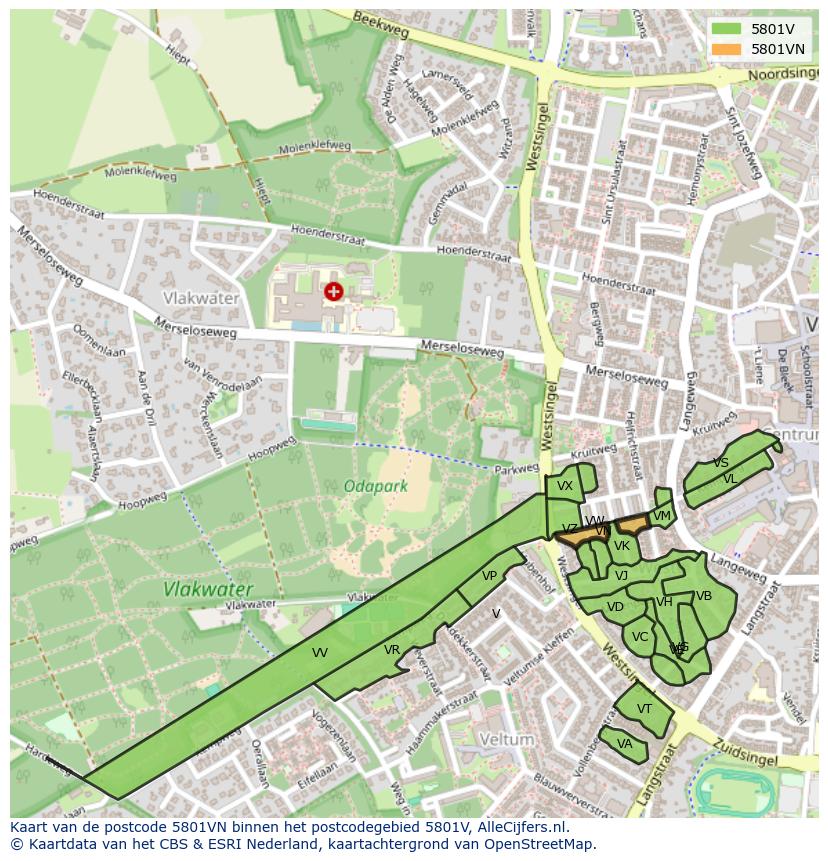 Afbeelding van het postcodegebied 5801 VN op de kaart.