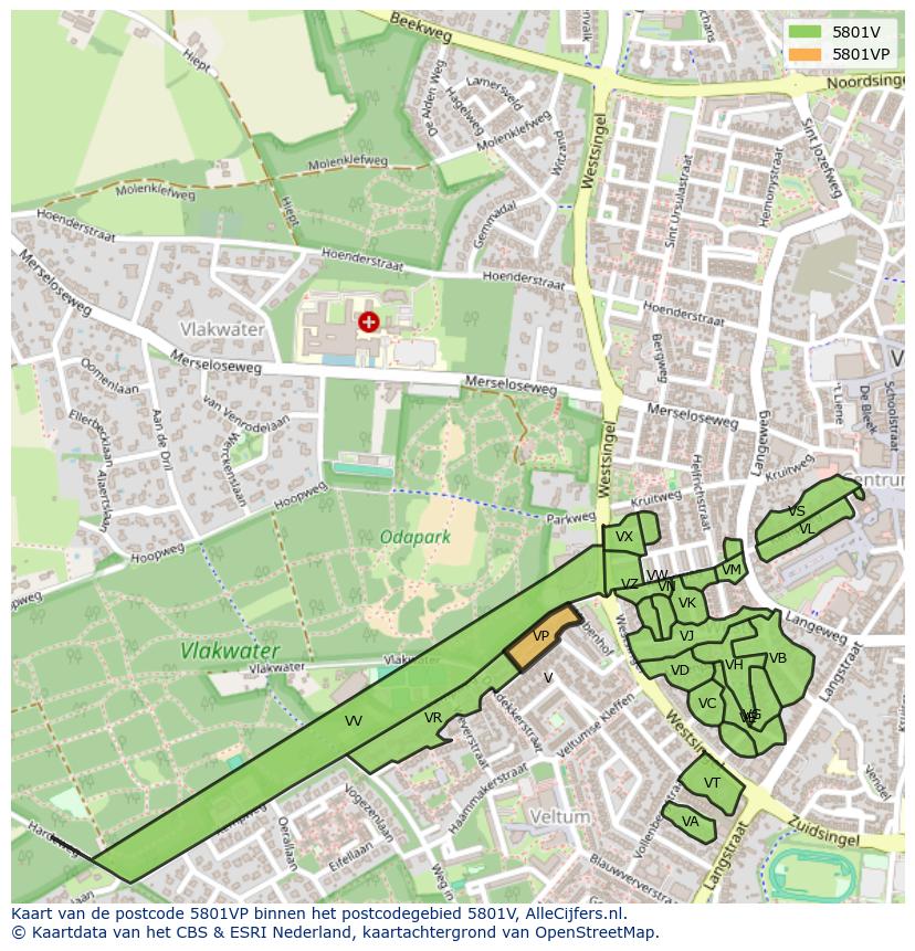 Afbeelding van het postcodegebied 5801 VP op de kaart.