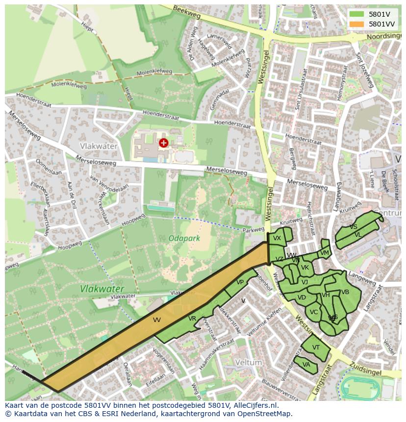 Afbeelding van het postcodegebied 5801 VV op de kaart.