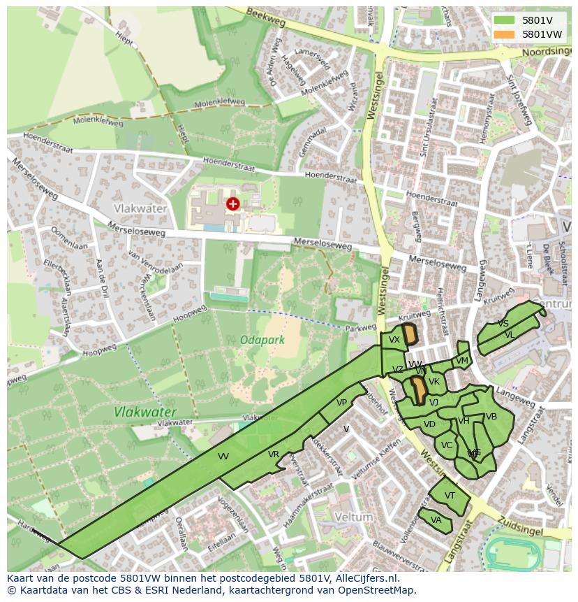 Afbeelding van het postcodegebied 5801 VW op de kaart.