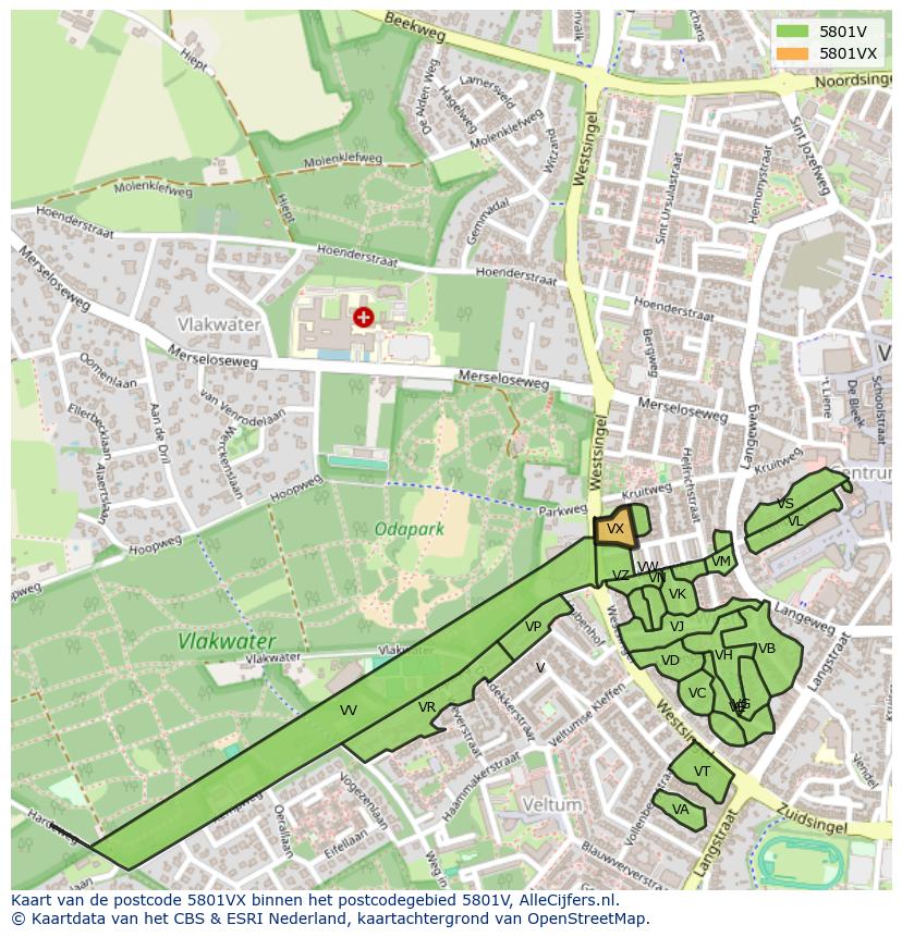Afbeelding van het postcodegebied 5801 VX op de kaart.