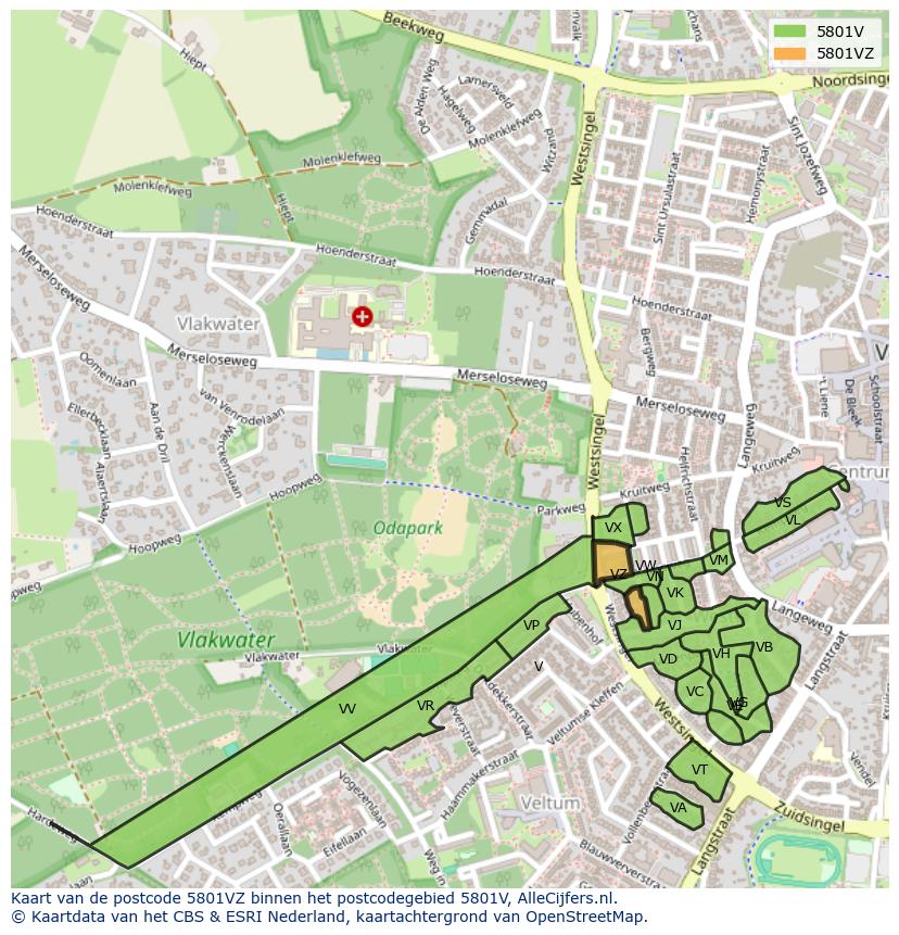 Afbeelding van het postcodegebied 5801 VZ op de kaart.