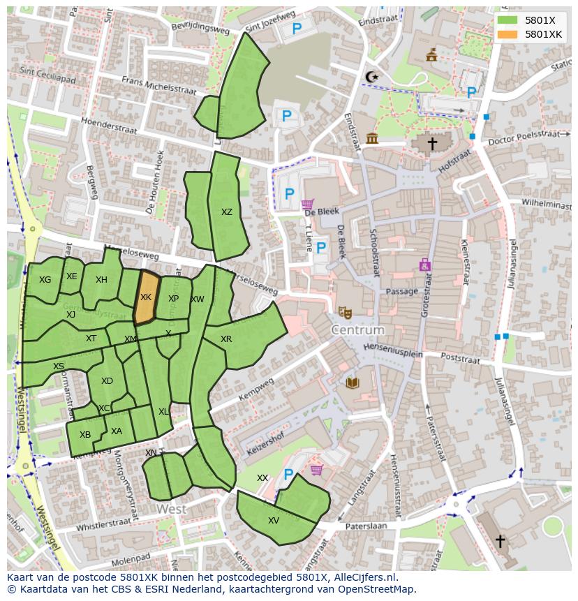 Afbeelding van het postcodegebied 5801 XK op de kaart.