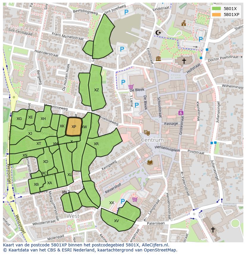 Afbeelding van het postcodegebied 5801 XP op de kaart.