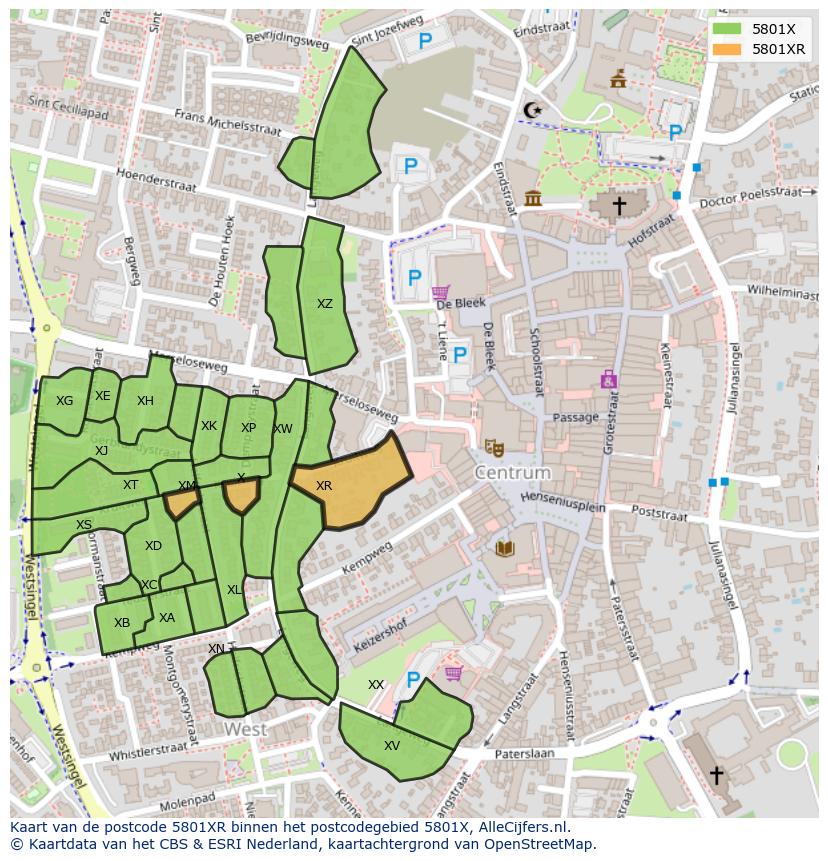 Afbeelding van het postcodegebied 5801 XR op de kaart.