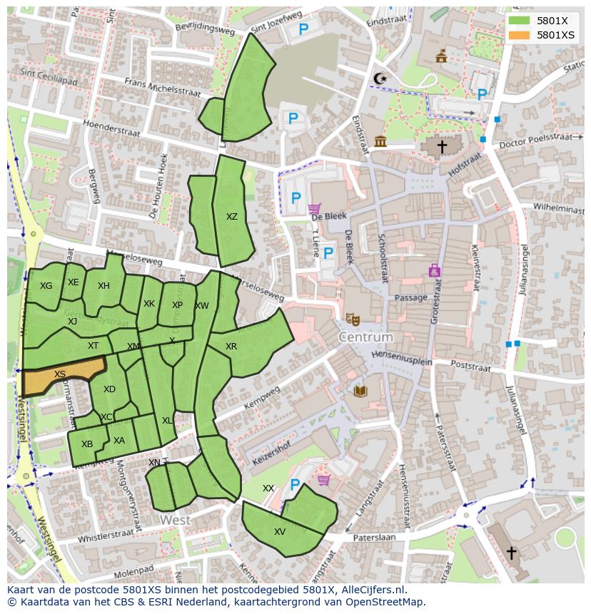 Afbeelding van het postcodegebied 5801 XS op de kaart.