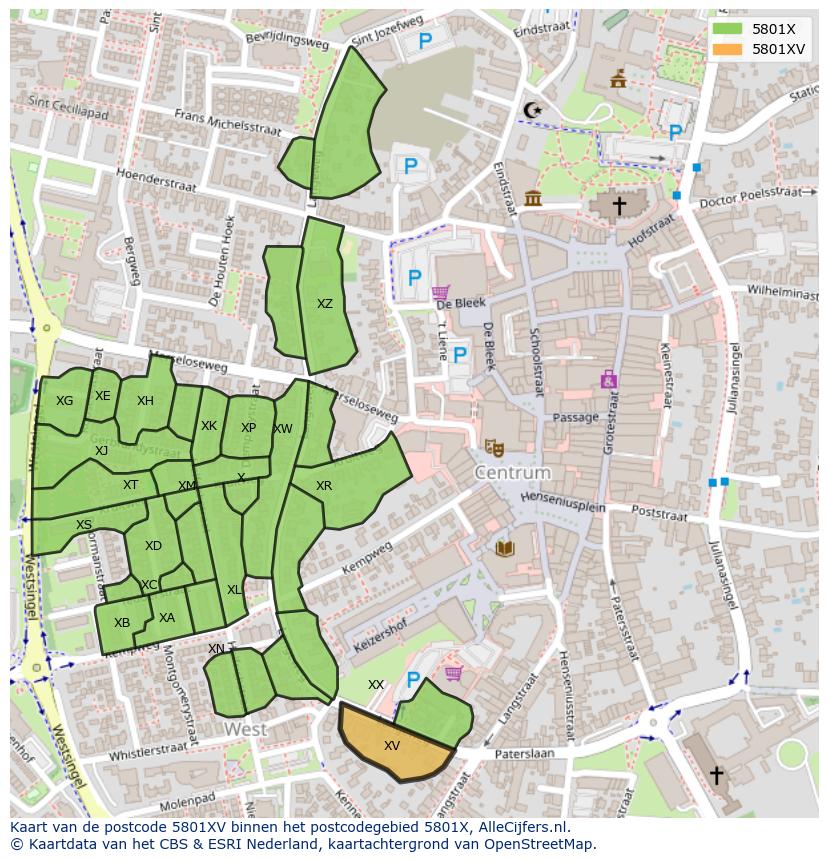 Afbeelding van het postcodegebied 5801 XV op de kaart.
