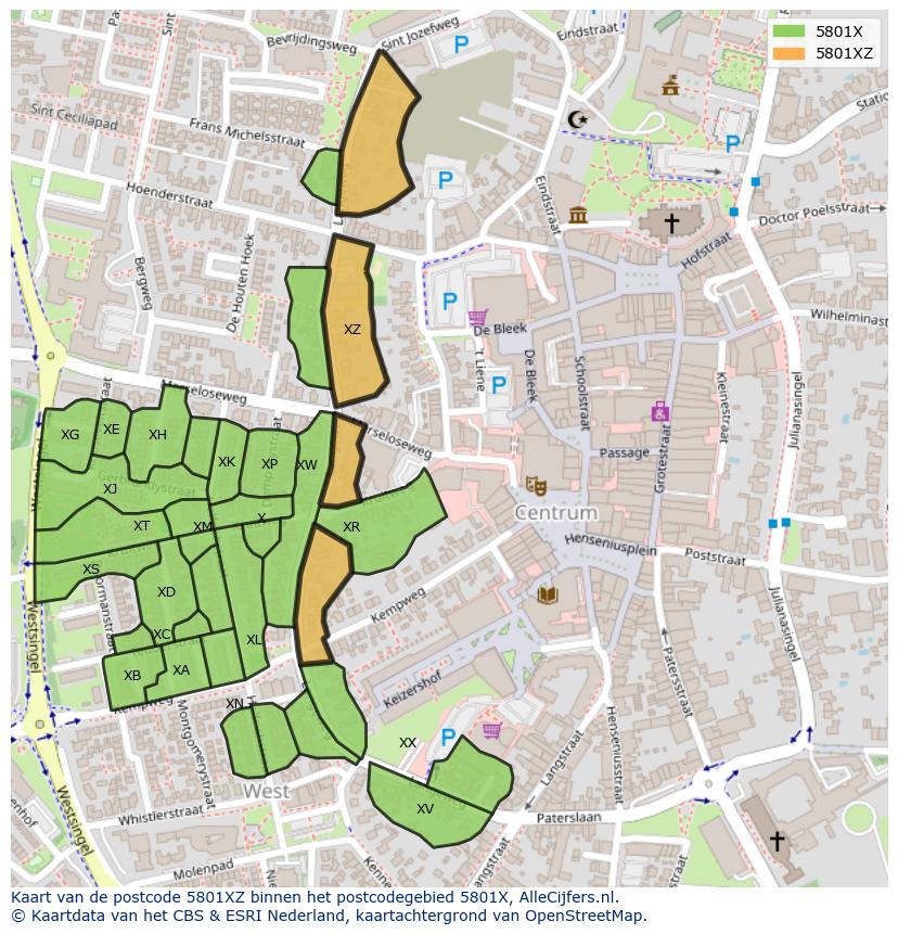 Afbeelding van het postcodegebied 5801 XZ op de kaart.