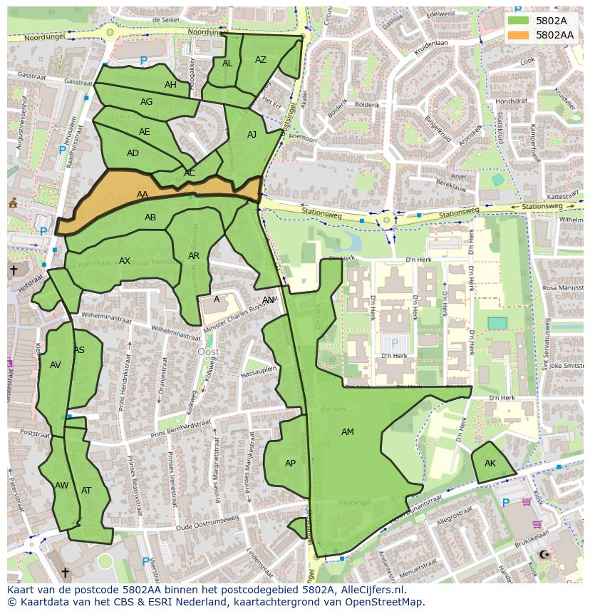 Afbeelding van het postcodegebied 5802 AA op de kaart.