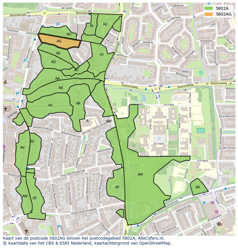 Afbeelding van het postcodegebied 5802 AG op de kaart.