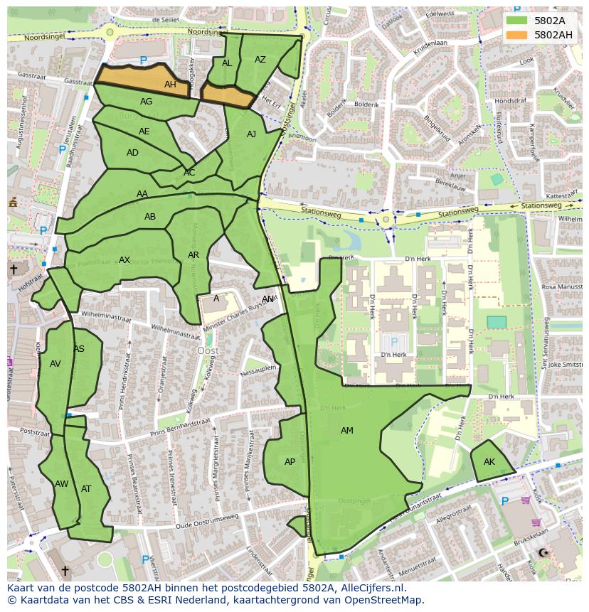 Afbeelding van het postcodegebied 5802 AH op de kaart.