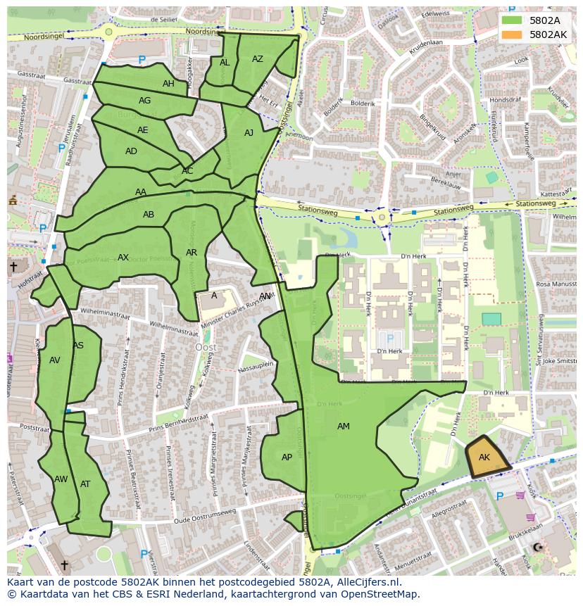 Afbeelding van het postcodegebied 5802 AK op de kaart.