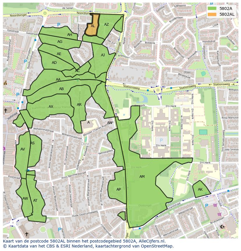 Afbeelding van het postcodegebied 5802 AL op de kaart.