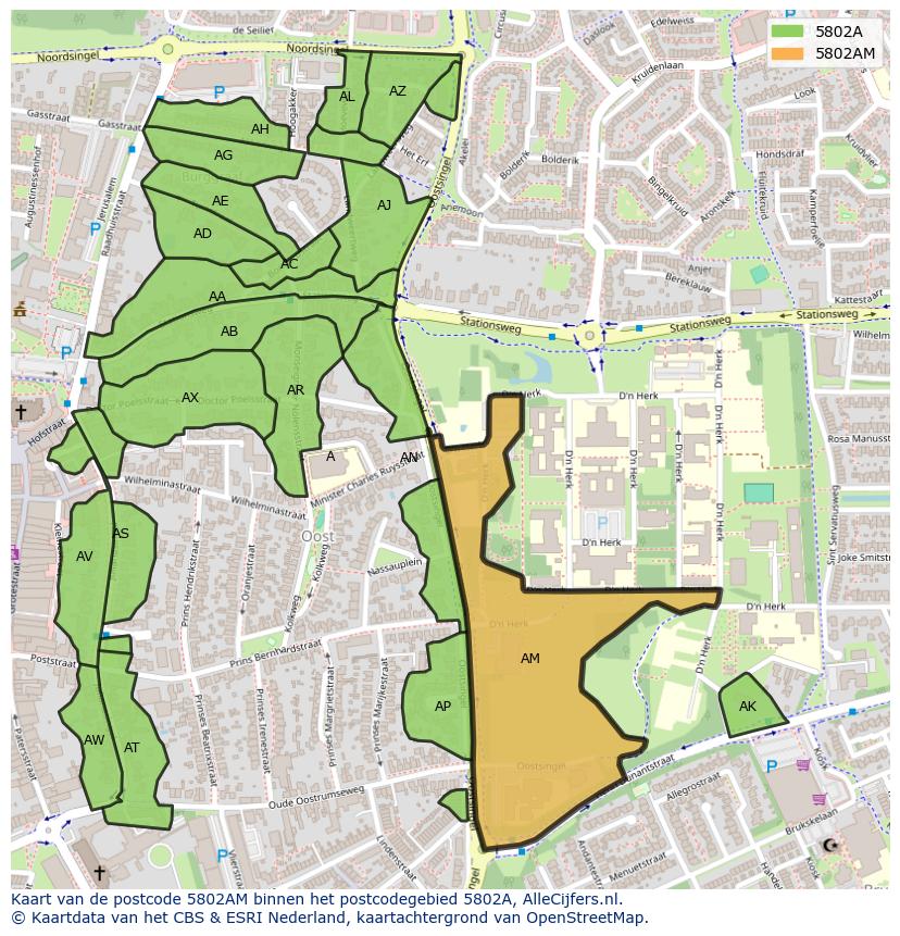 Afbeelding van het postcodegebied 5802 AM op de kaart.