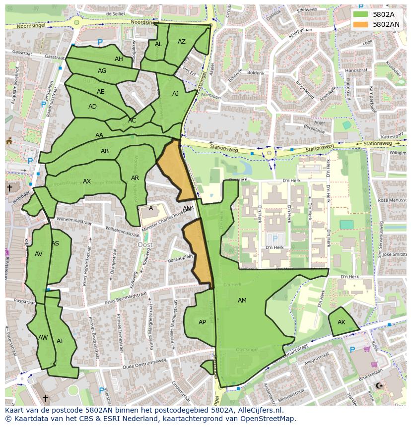 Afbeelding van het postcodegebied 5802 AN op de kaart.