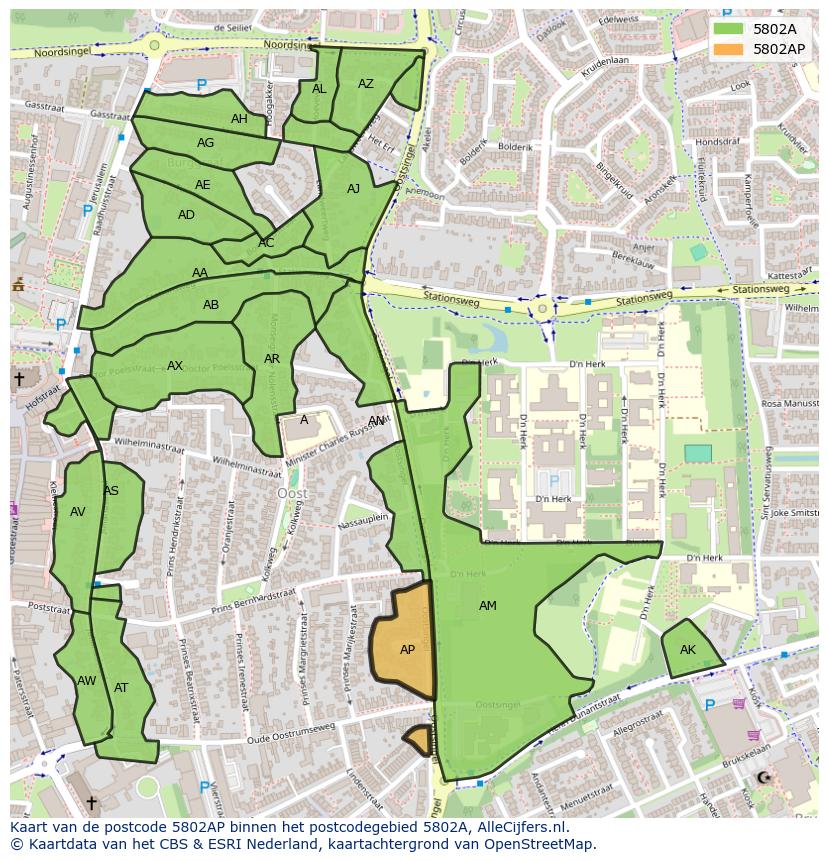 Afbeelding van het postcodegebied 5802 AP op de kaart.