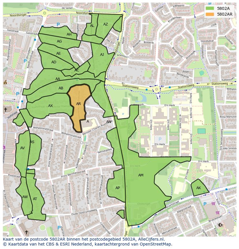 Afbeelding van het postcodegebied 5802 AR op de kaart.