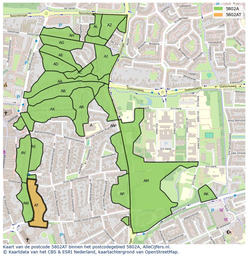 Afbeelding van het postcodegebied 5802 AT op de kaart.