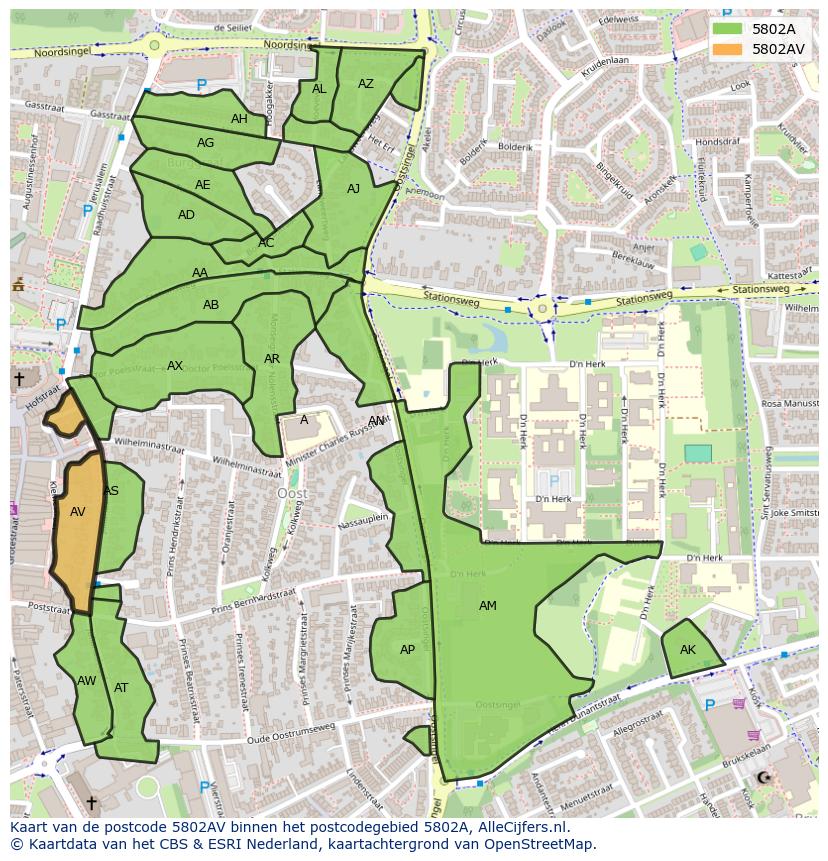 Afbeelding van het postcodegebied 5802 AV op de kaart.