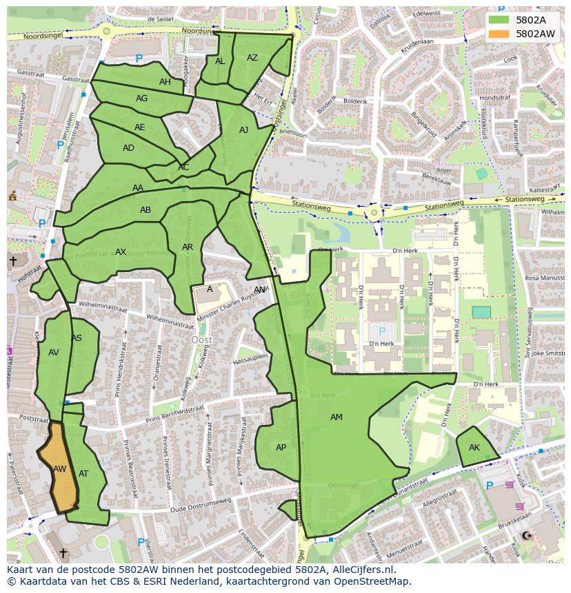 Afbeelding van het postcodegebied 5802 AW op de kaart.
