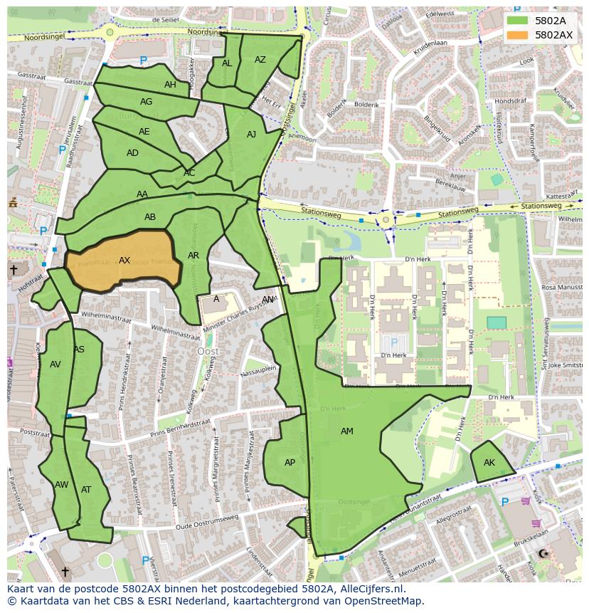 Afbeelding van het postcodegebied 5802 AX op de kaart.