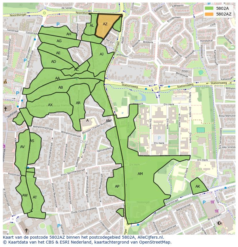 Afbeelding van het postcodegebied 5802 AZ op de kaart.