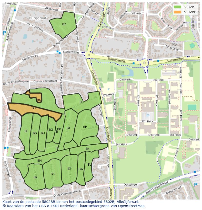 Afbeelding van het postcodegebied 5802 BB op de kaart.