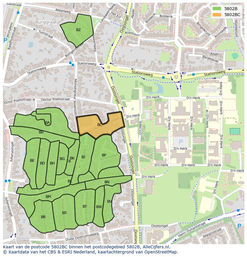 Afbeelding van het postcodegebied 5802 BC op de kaart.