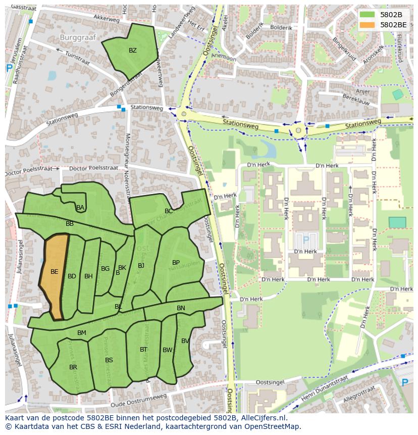 Afbeelding van het postcodegebied 5802 BE op de kaart.