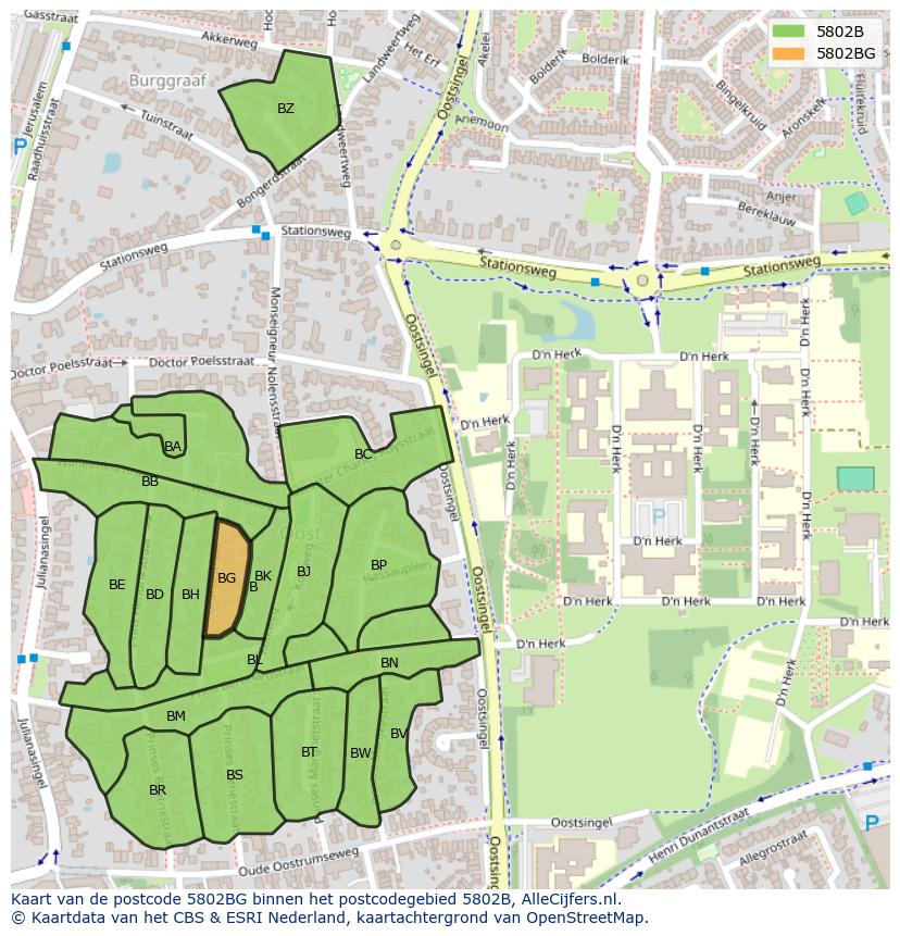 Afbeelding van het postcodegebied 5802 BG op de kaart.