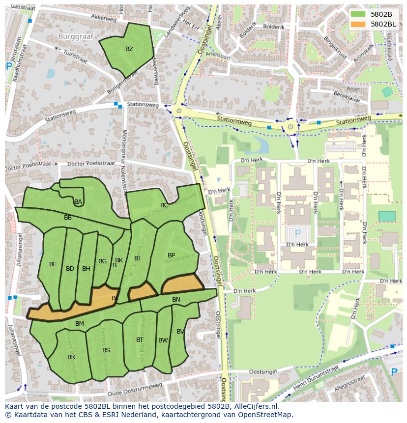 Afbeelding van het postcodegebied 5802 BL op de kaart.