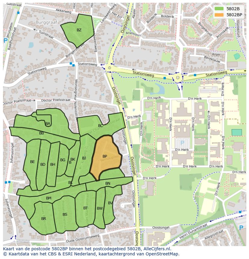 Afbeelding van het postcodegebied 5802 BP op de kaart.