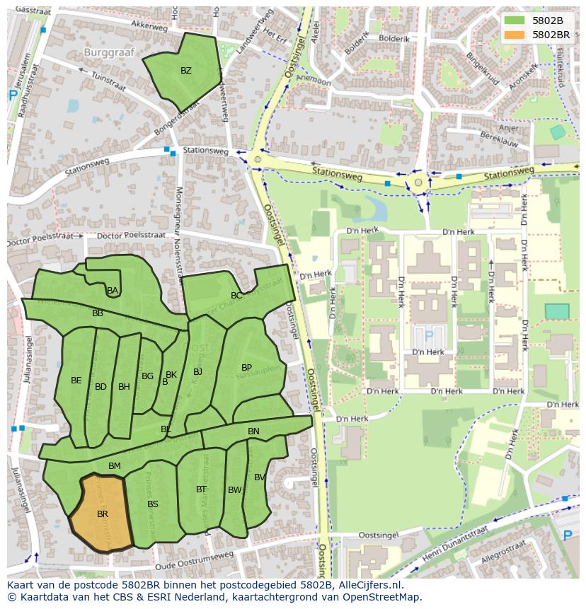 Afbeelding van het postcodegebied 5802 BR op de kaart.