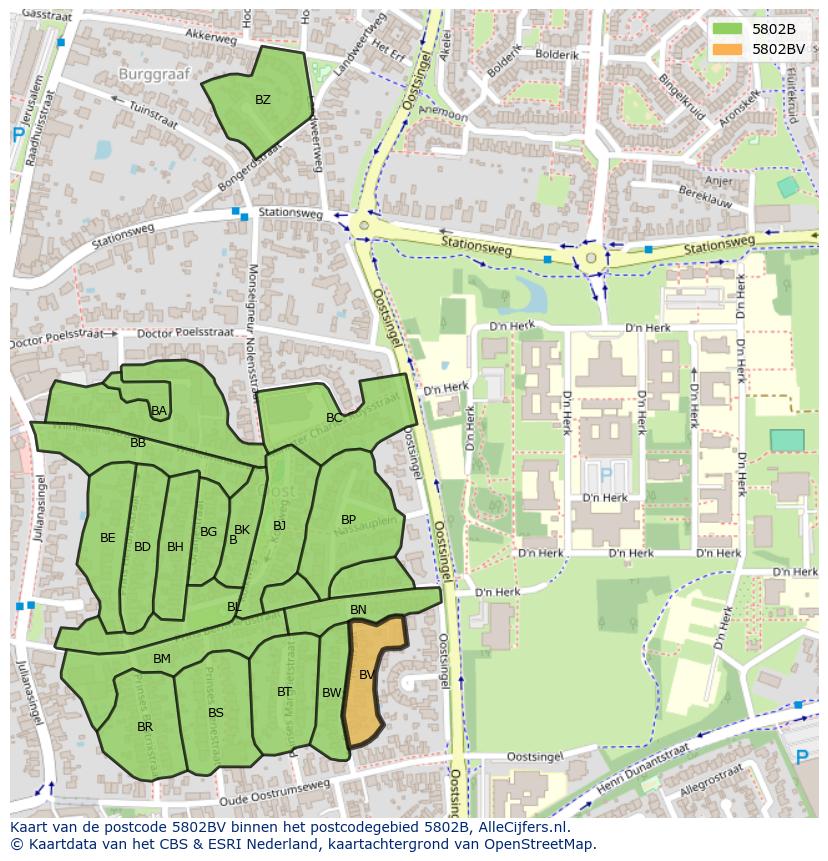 Afbeelding van het postcodegebied 5802 BV op de kaart.