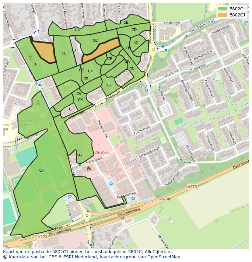 Afbeelding van het postcodegebied 5802 CJ op de kaart.