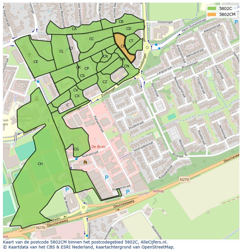 Afbeelding van het postcodegebied 5802 CM op de kaart.