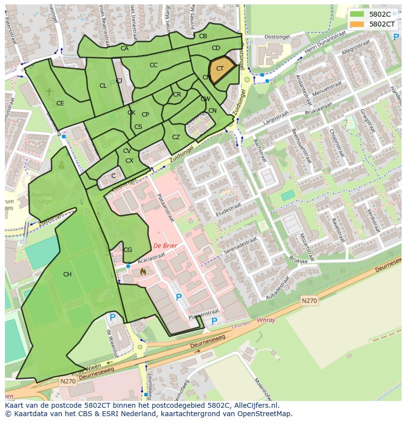 Afbeelding van het postcodegebied 5802 CT op de kaart.