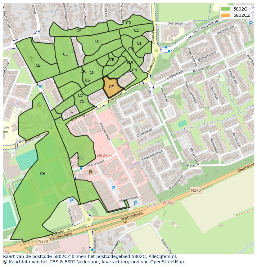 Afbeelding van het postcodegebied 5802 CZ op de kaart.