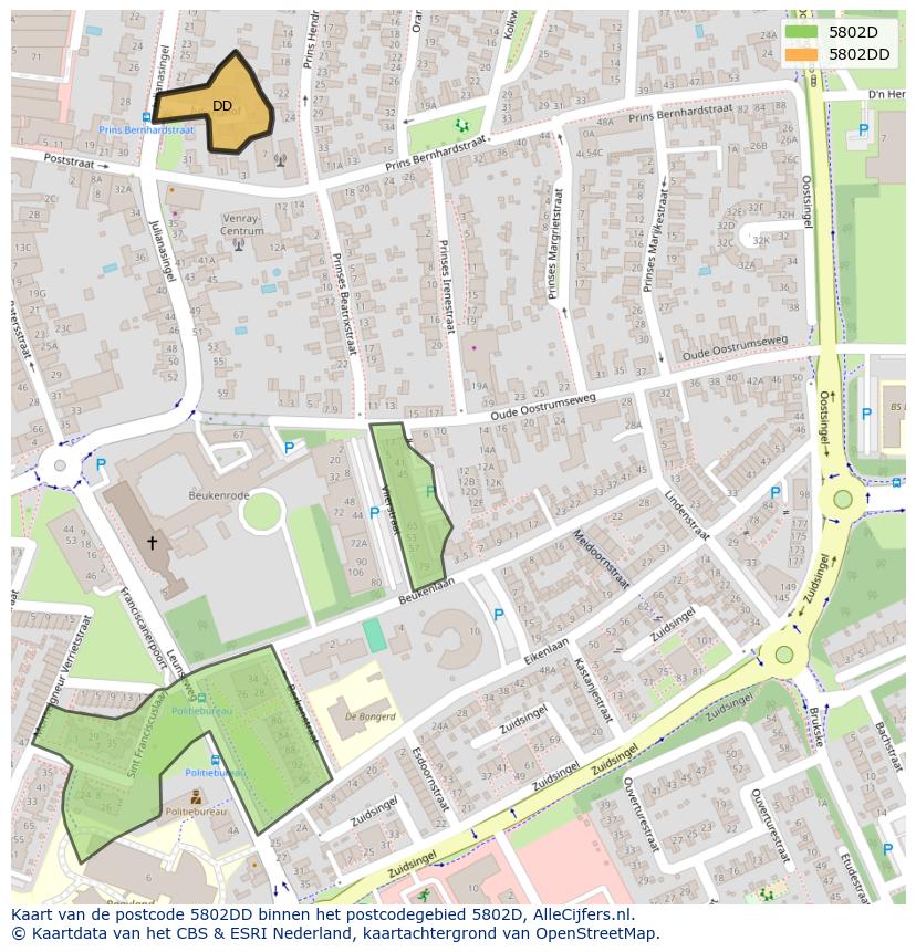 Afbeelding van het postcodegebied 5802 DD op de kaart.