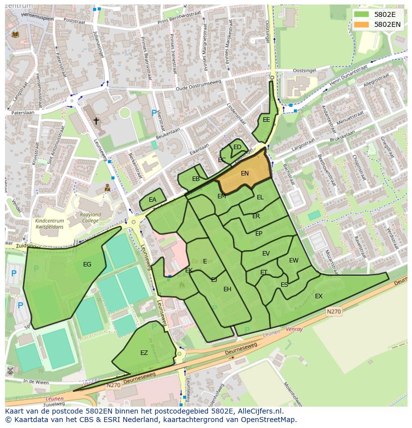 Afbeelding van het postcodegebied 5802 EN op de kaart.