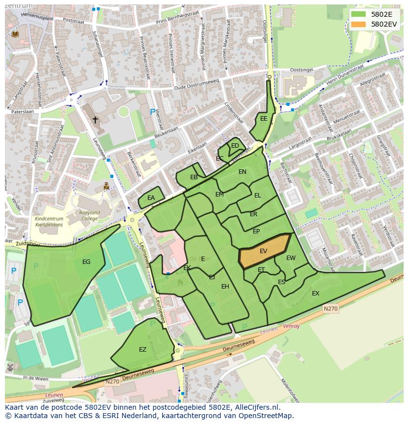 Afbeelding van het postcodegebied 5802 EV op de kaart.