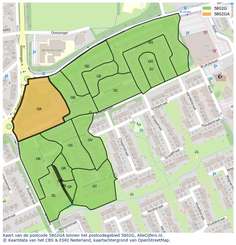 Afbeelding van het postcodegebied 5802 GA op de kaart.