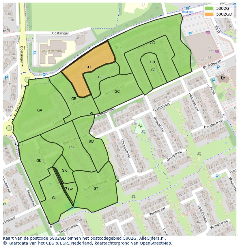 Afbeelding van het postcodegebied 5802 GD op de kaart.