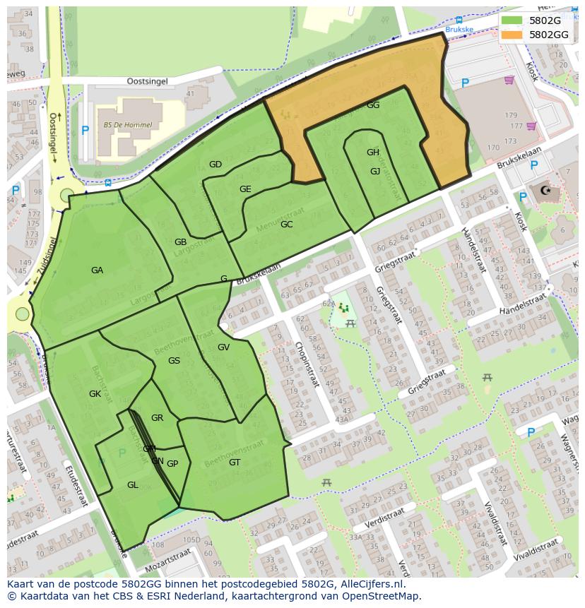 Afbeelding van het postcodegebied 5802 GG op de kaart.