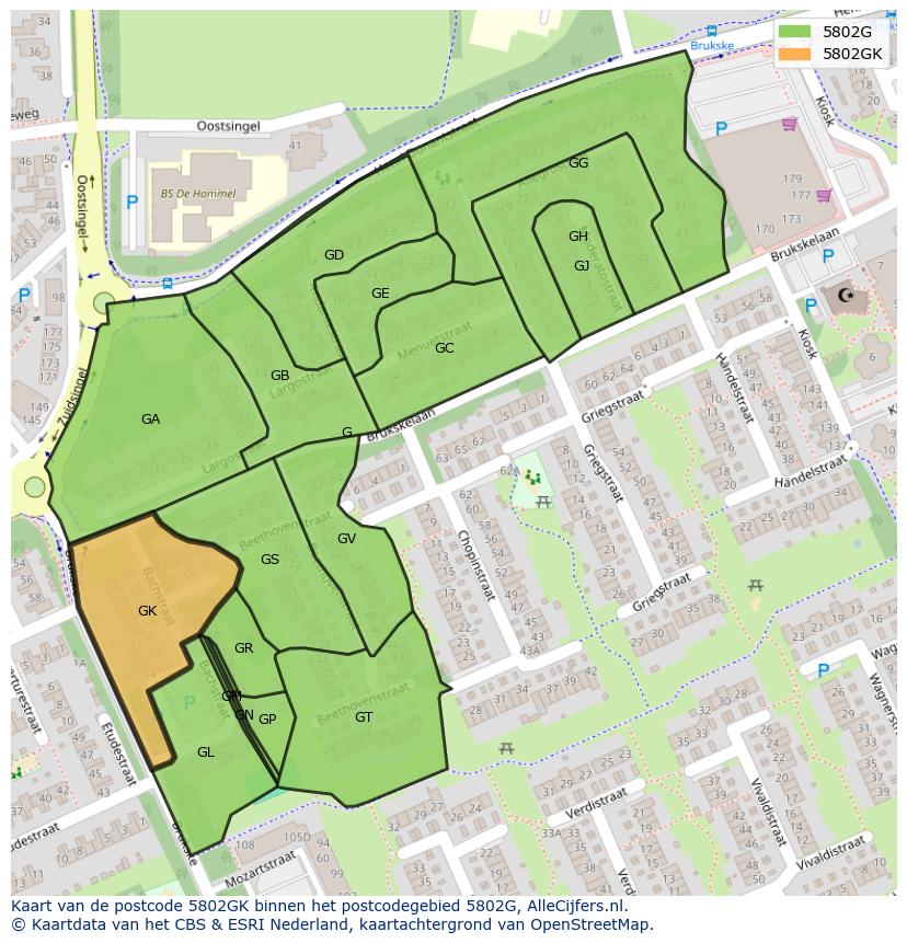 Afbeelding van het postcodegebied 5802 GK op de kaart.