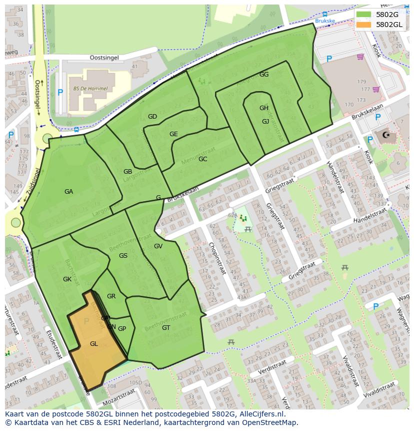 Afbeelding van het postcodegebied 5802 GL op de kaart.