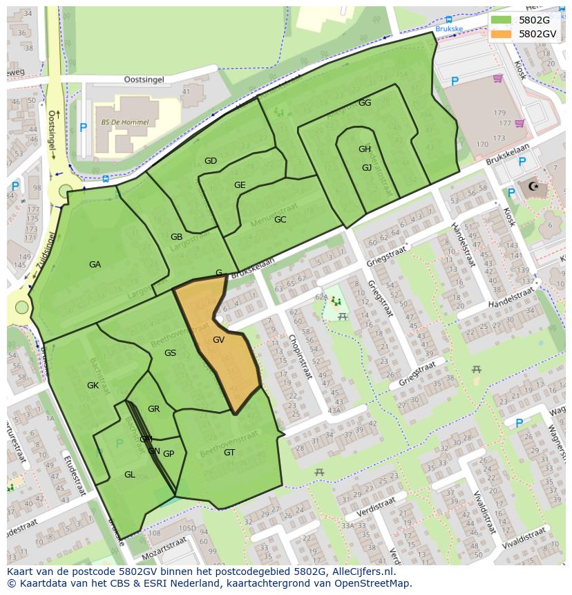 Afbeelding van het postcodegebied 5802 GV op de kaart.