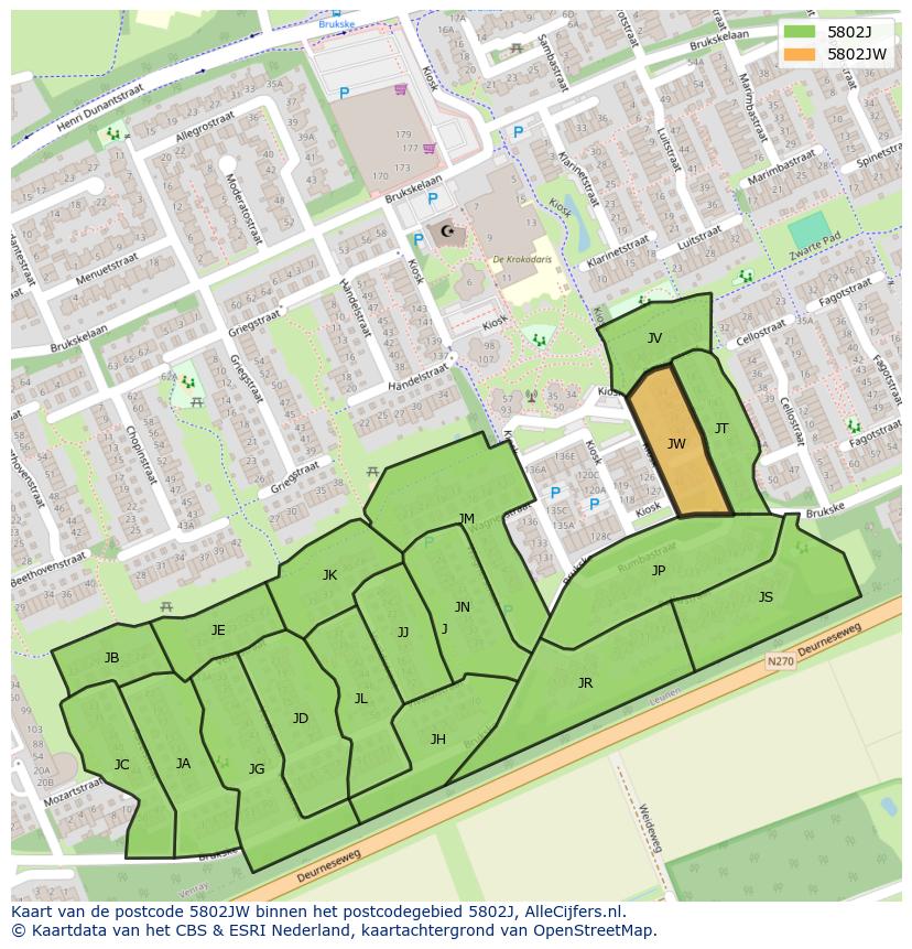 Afbeelding van het postcodegebied 5802 JW op de kaart.