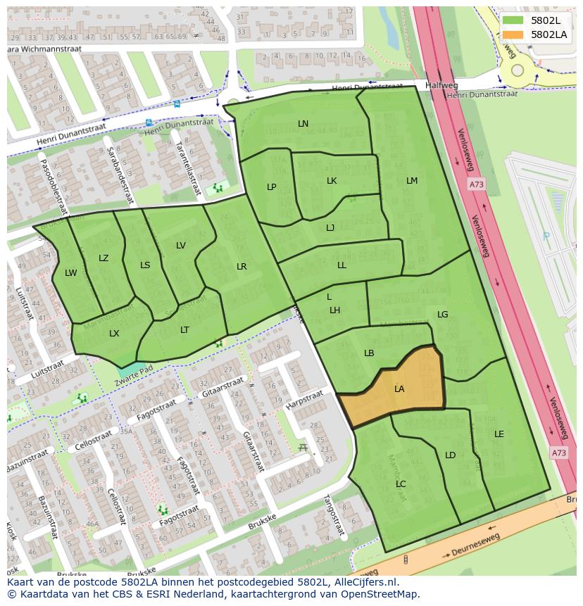 Afbeelding van het postcodegebied 5802 LA op de kaart.